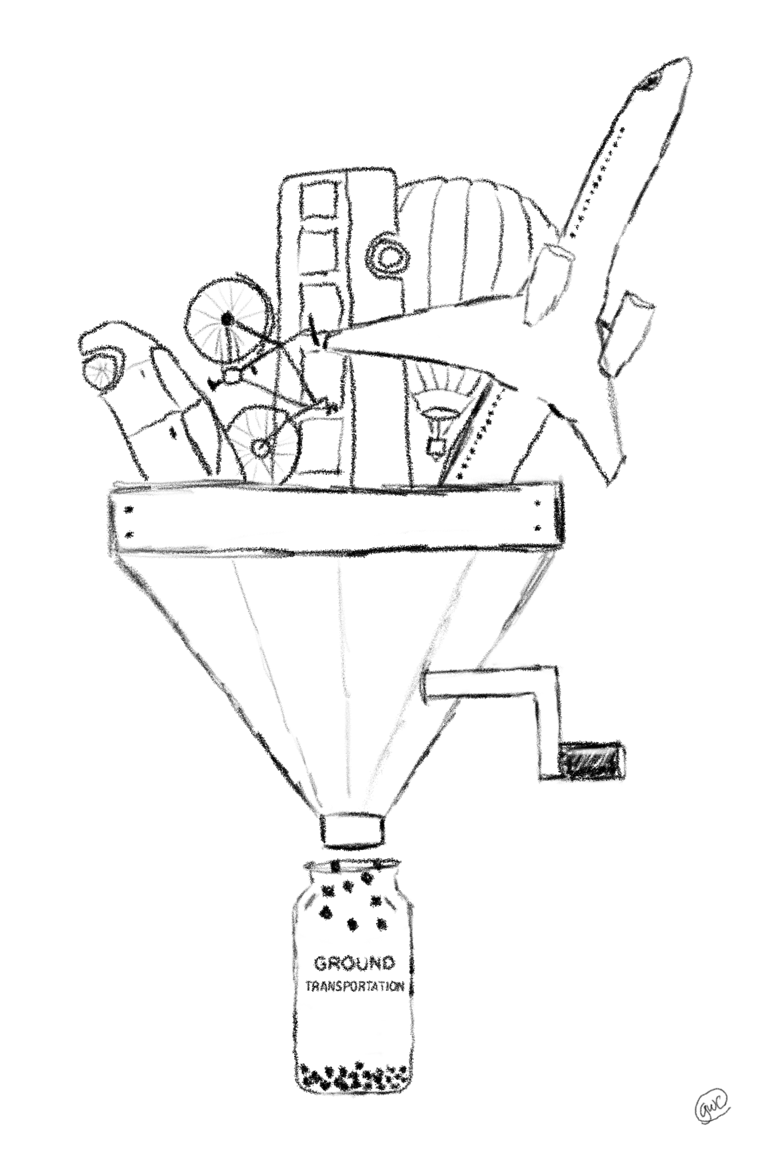 A line drawing of a large hopper with a crank. You can see a bus, bicycle, airplane, etc… being fed into the hopper. At the bottom, a fine powder comes out of its funnel-like base into a bottle labeled "Ground Transportation".